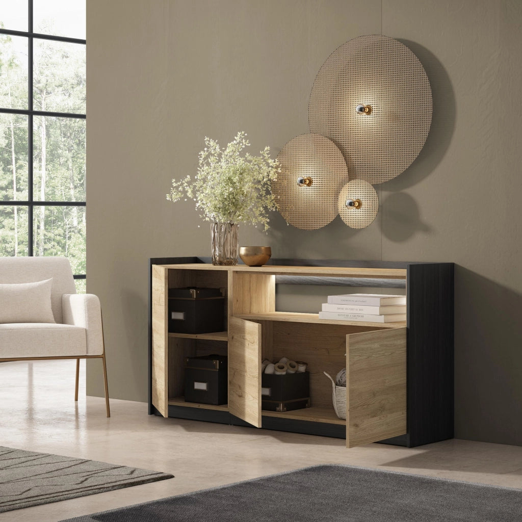 Credenza, Mobile, Cucina, 156x80x37 cm, 3 Porte, LED, Rovere e nero