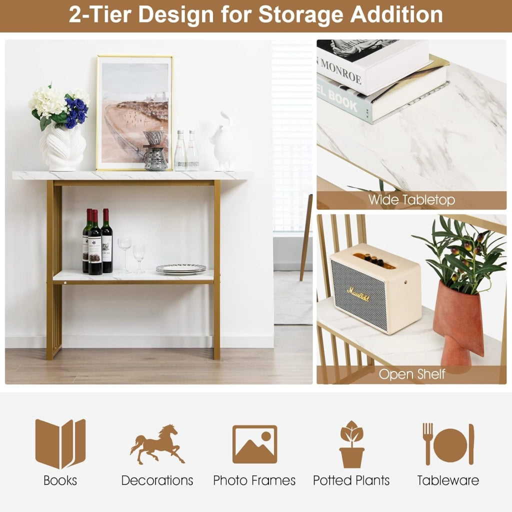 Tavolo Consolle da Divano in Acciaio con Motivo a Forma di Marmo, Tavolo da Ingresso con 2 Ripiani, Salvaspazio e Superficie Liscia per Soggiorno, Salotto, Ingresso, 120 x 29,5 x 93 cm