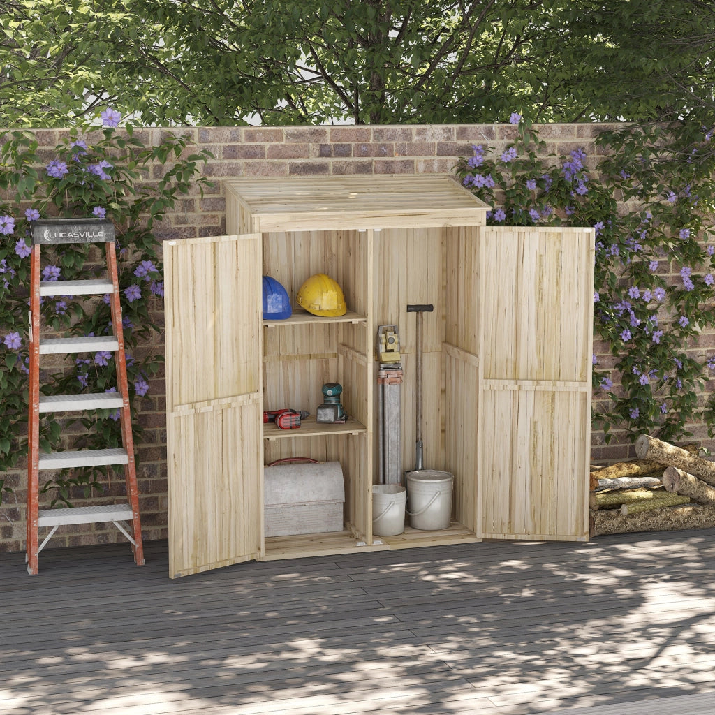 Casetta da Giardino in Legno di Abete con 2 Porte e Ripiani, 120x57x183cm, Naturale