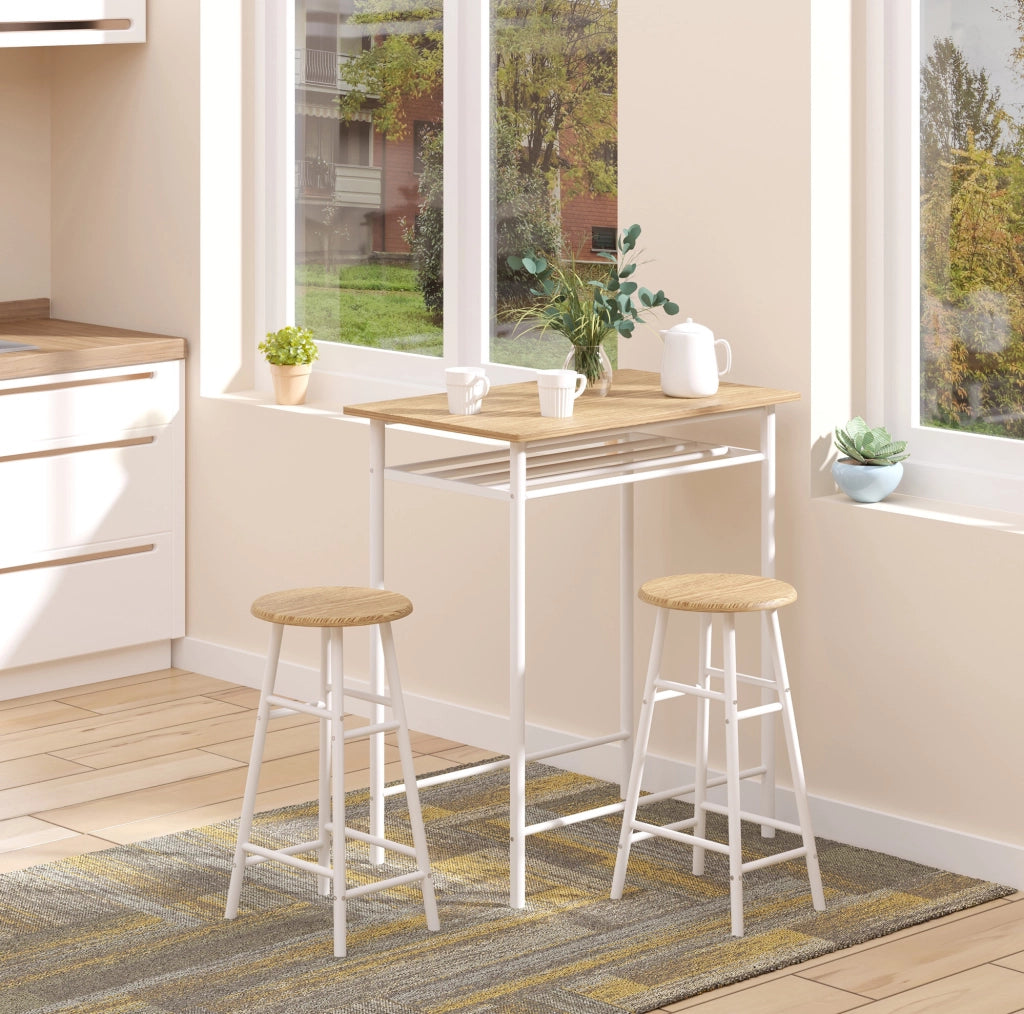 Set tavolo da bar con 2 sgabelli; 80x50x90 cm; salvaspazio in MDF bianco