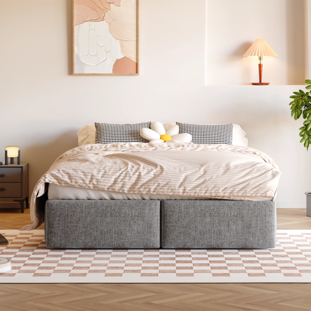 OKWISH Letto contenitore 140×200 cm, Letto Matrimoniale con Sollevamento Idraulico, 2 Cassetti, senza Materasso, Tessuto in Lino, Grigio