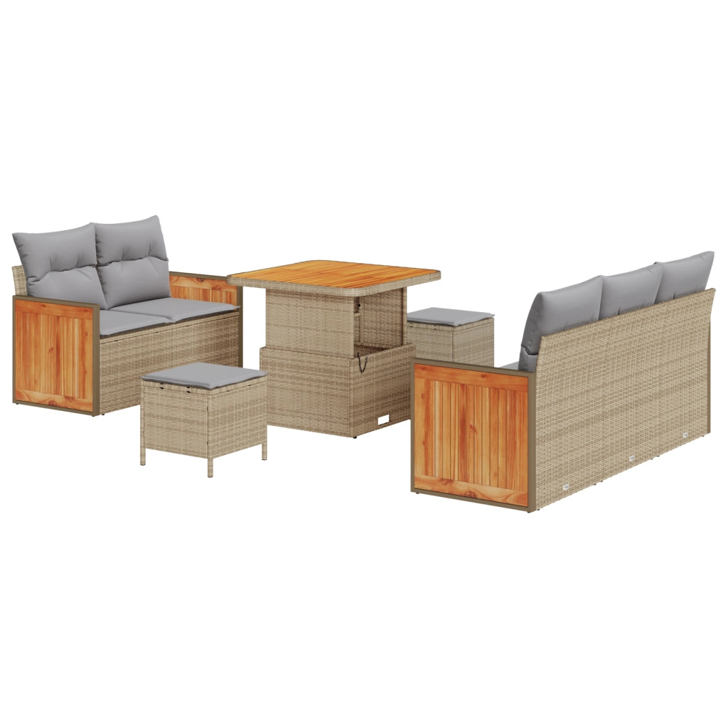 Set Divano da Giardino 8 Pezzi con Cuscini Beige Polyrattan Acacia