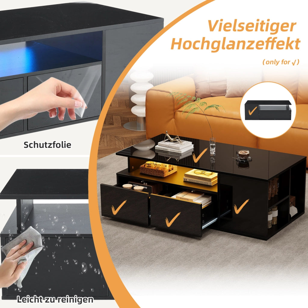 Tavolino da caffè 100x50x35 cm con LED; 2 cassetti; ripiano semiaperto; nero lucido