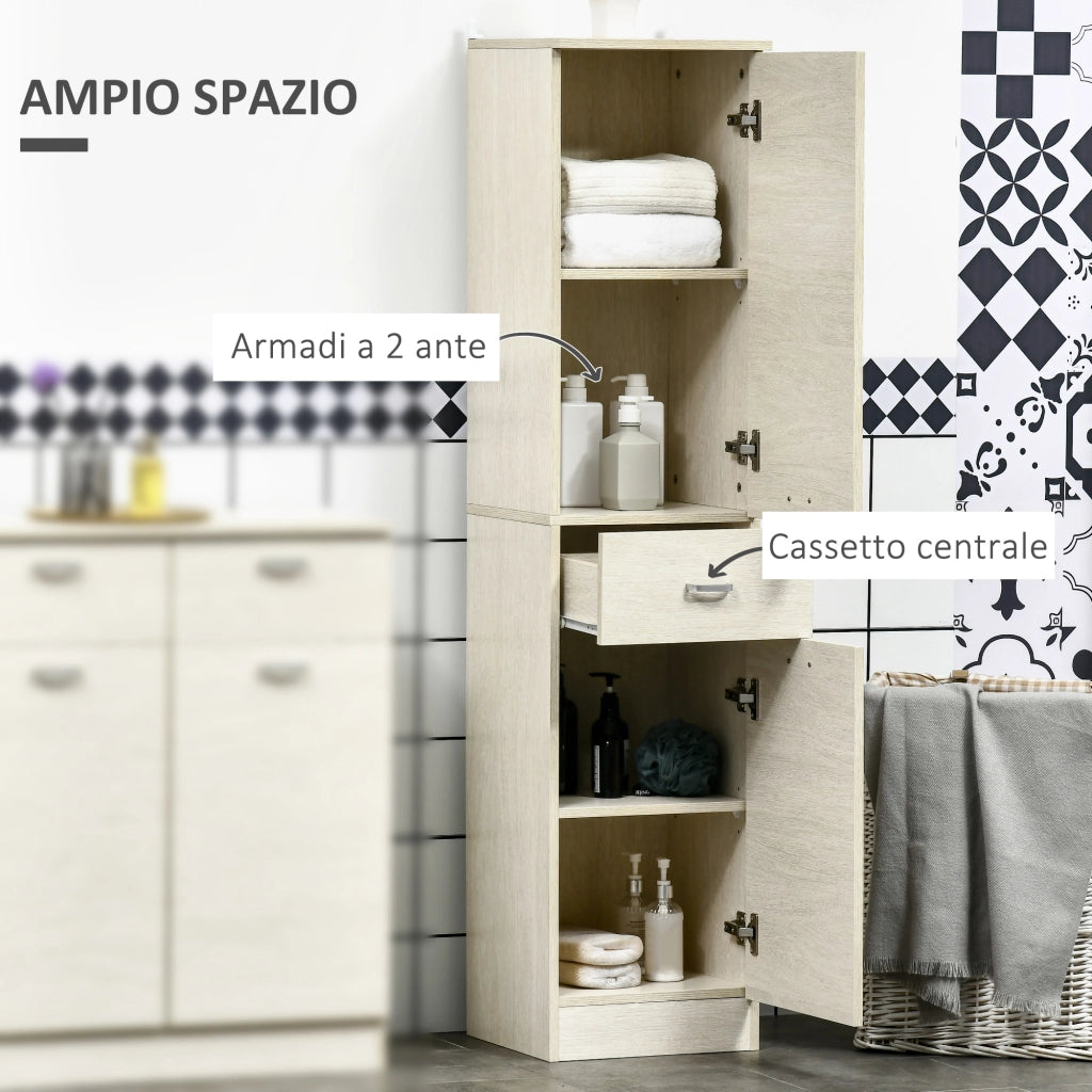 EasyComfort Mobile Bagno in Legno con Cassetto, 2 Armadietti e Ripiani Regolabili, 34x34x150 cm, Color Legno