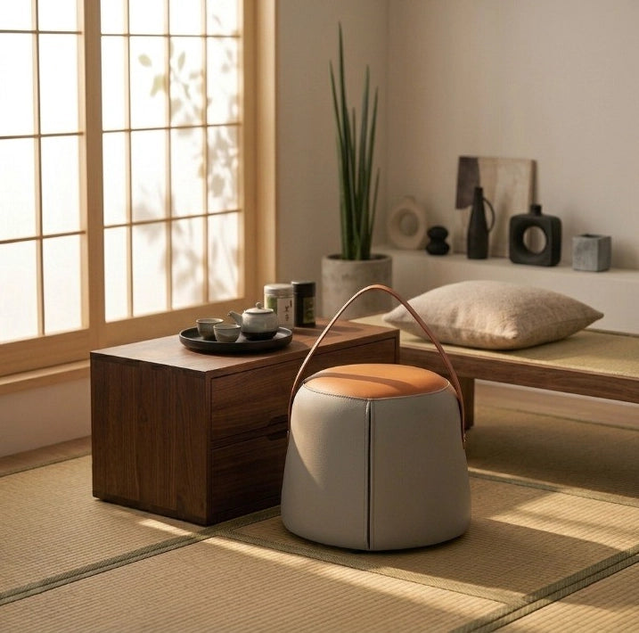 Pouf imbottito con maniglia in pelle PU grigio