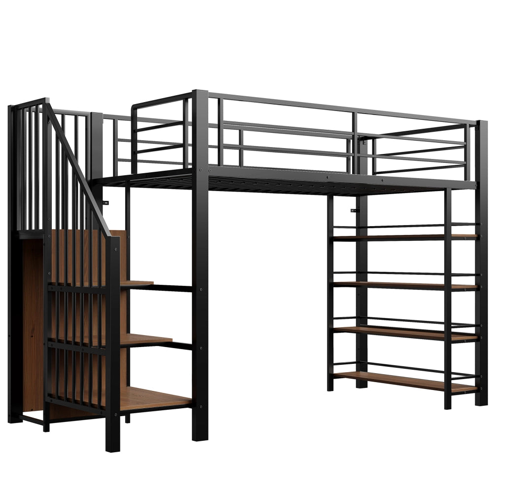 Letto a castello 90x200 cm in ferro con scala di sicurezza, armadio piccolo e ripiani, design con alta barriera, colore nero