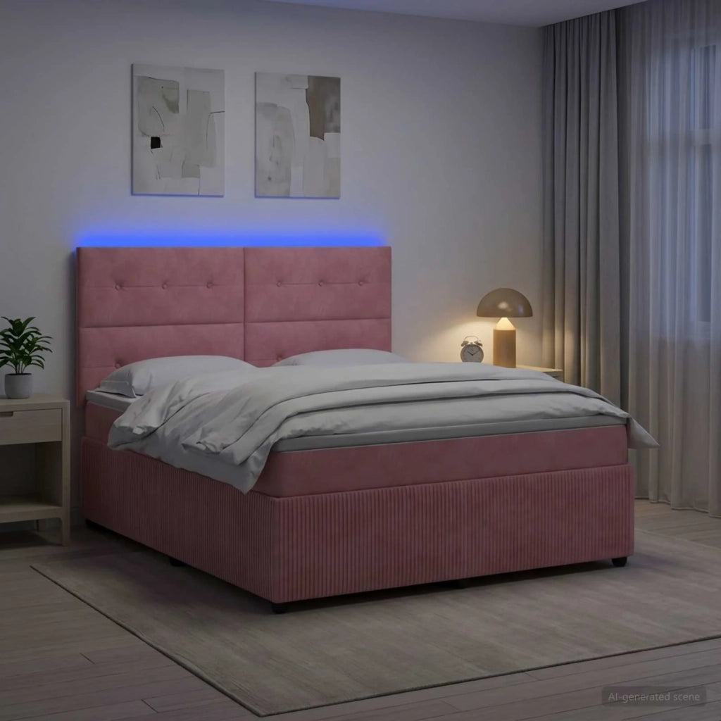 Letto Box Spring LED con Materasso Rosa 180 x 200 cm Velluto 3456124