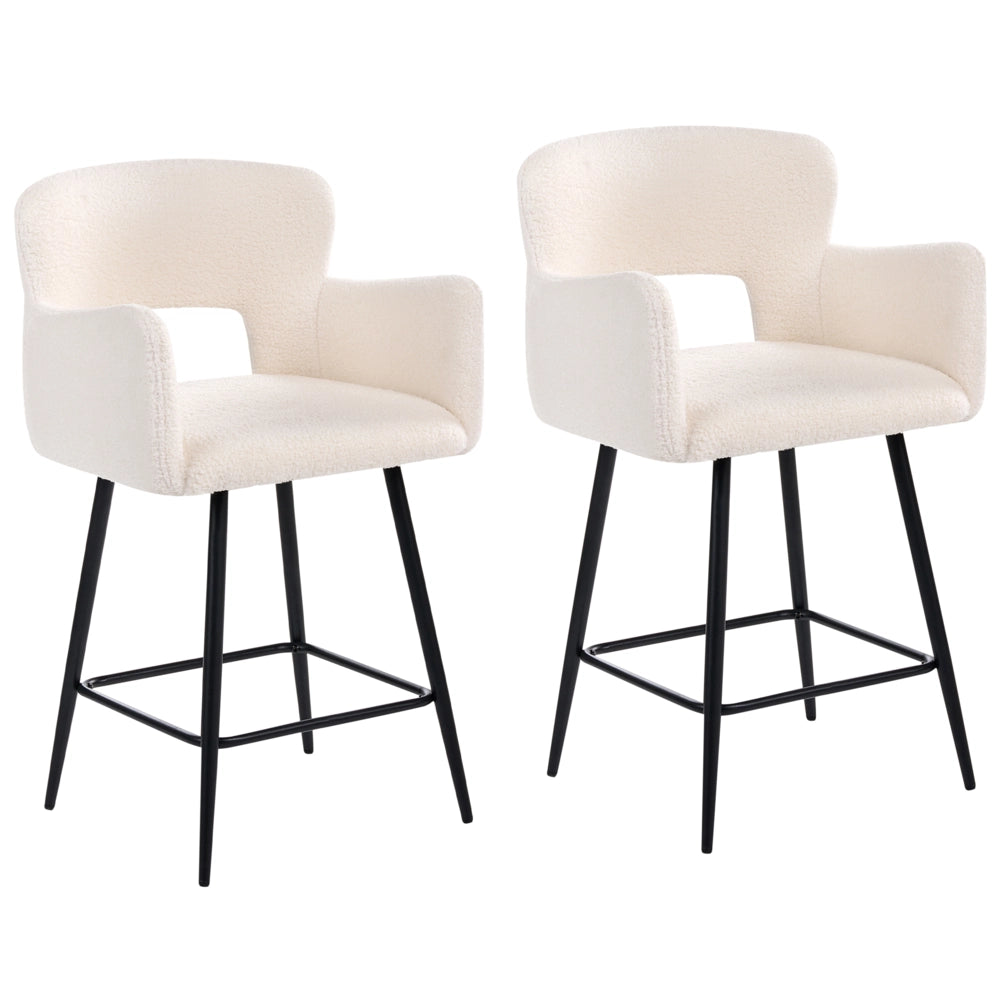 Set di 2 sgabelli da bar bouclé bianco sporco braccioli schienale intagliato gambe in metallo moderna industriale