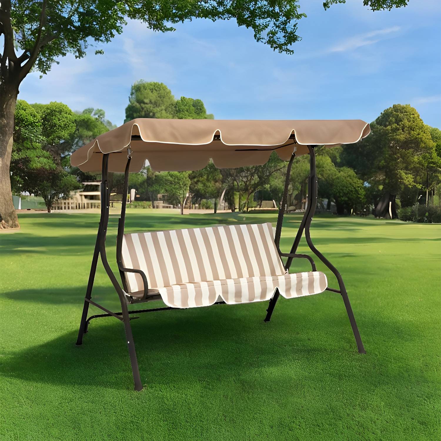 Dondolo da Giardino 3 Posti Eco con Cuscino Imbottito Robusto per Esterno Terrazzo con Tettuccio Parasole Inclinab Ecrù