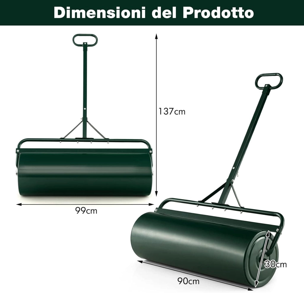 Rullo per Prato in Metallo 63 L, Rullo da Giardino 90 cm Riempibile con Acqua/Sabbia, con Gancio e Impugnatura Staccabile 137 cm, Ideale per Giardino, Prato, Parco e Fattoria (Verde)