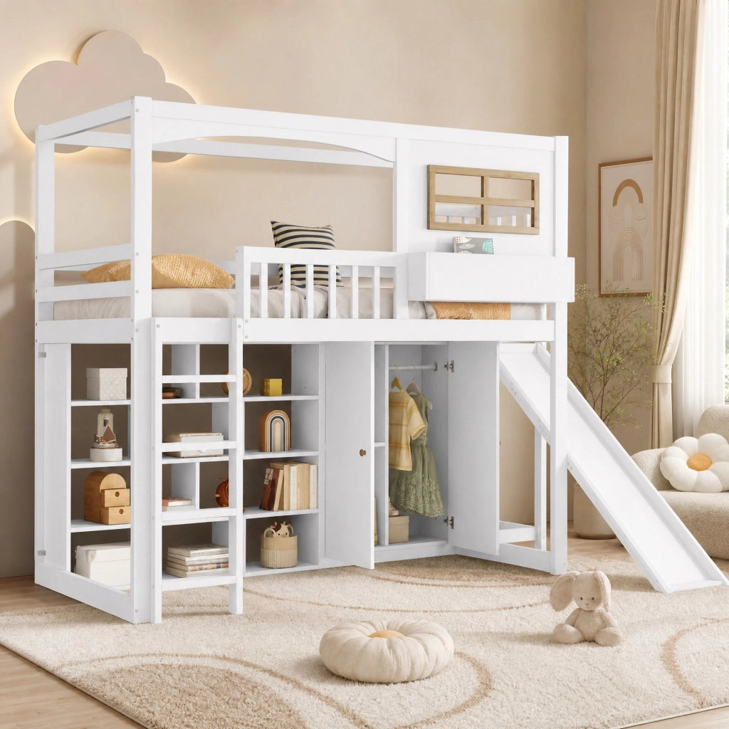 Letto a castello per bambini 90x200 cm con scivolo, armadio e ripiani