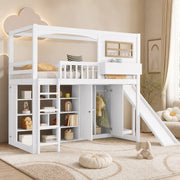 Letto a castello per bambini 90x200 cm con scivolo, armadio e ripiani