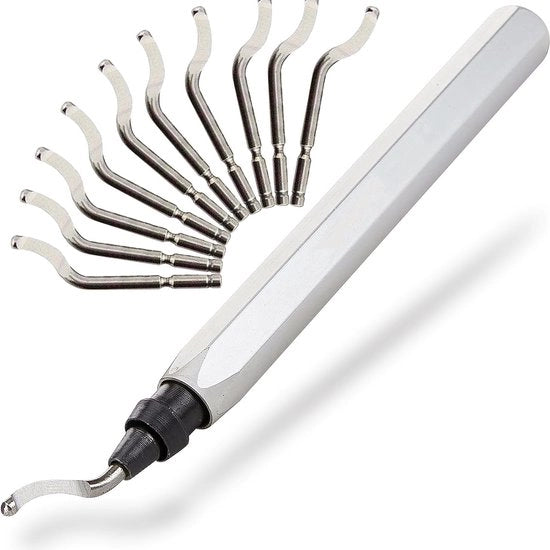 Strumento di rimozione con 10 lame, adatto per stampa 3D di metallo, resina, rame, plastico, tubi PVC e bordi 3D stampati (manico argentato).