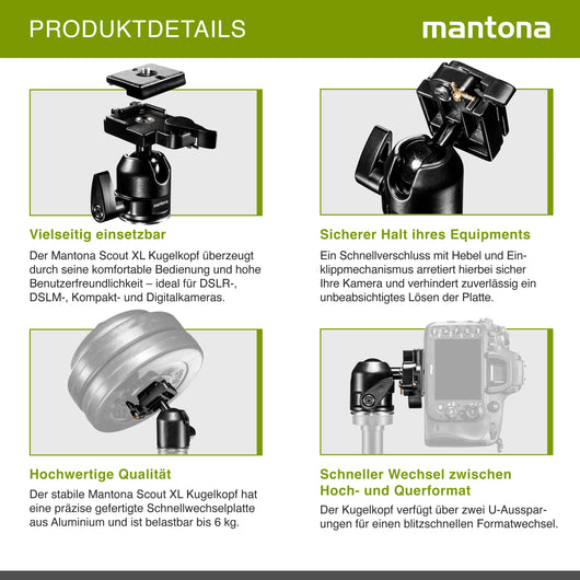 Mantona Testa a sfera per treppiede Scout (XL, portata massima circa 6 kg, adattatore per filettatura da 3/8 a 1/4 di pollice e piastra a sgancio rapido) Nero