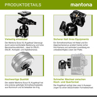 Mantona Testa a sfera per treppiede Scout (XL, portata massima circa 6 kg, adattatore per filettatura da 3/8 a 1/4 di pollice e piastra a sgancio rapido) Nero