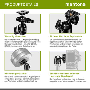 Mantona Testa a sfera per treppiede Scout (XL, portata massima circa 6 kg, adattatore per filettatura da 3/8 a 1/4 di pollice e piastra a sgancio rapido) Nero