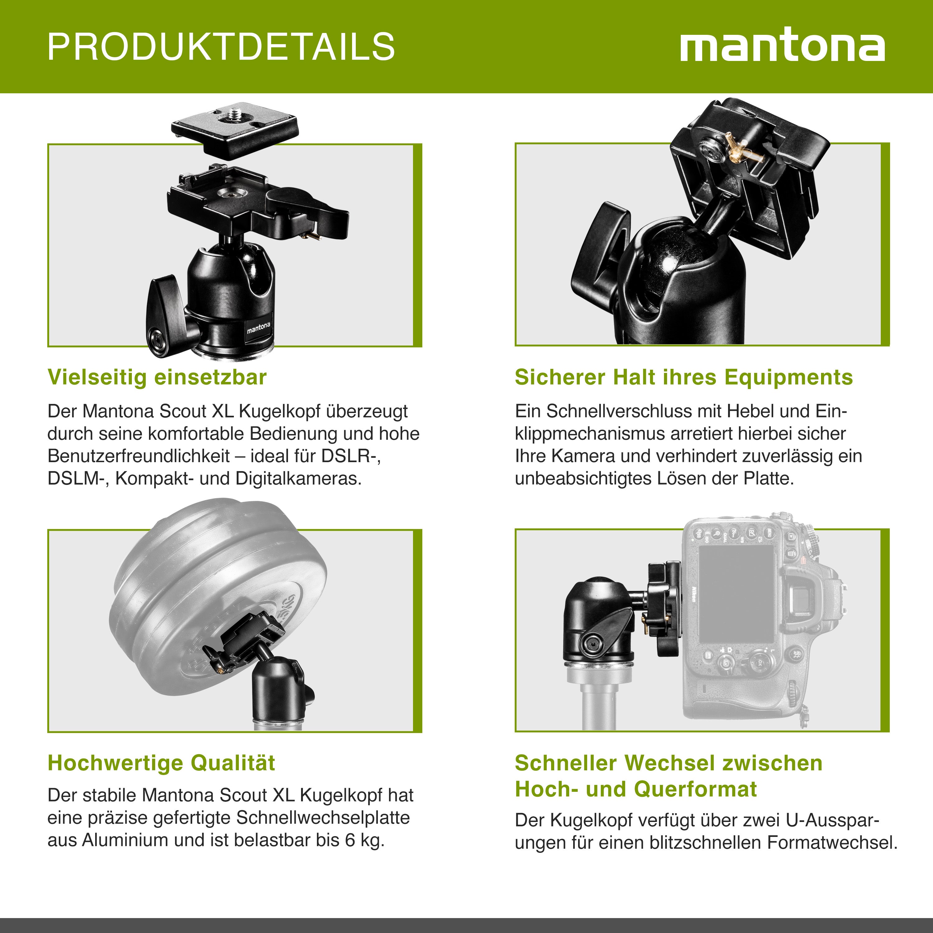 Mantona Testa a sfera per treppiede Scout (XL, portata massima circa 6 kg, adattatore per filettatura da 3/8 a 1/4 di pollice e piastra a sgancio rapido) Nero