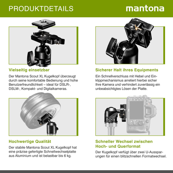 Mantona Testa a sfera per treppiede Scout (XL, portata massima circa 6 kg, adattatore per filettatura da 3/8 a 1/4 di pollice e piastra a sgancio rapido) Nero