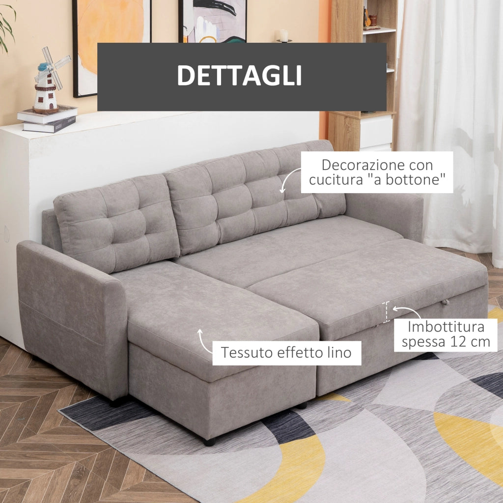 Divano Letto 3 Posti con Chaise Longue e Contenitore in Tessuto Grigio ¨C Zephmum ¨C 217x134x85