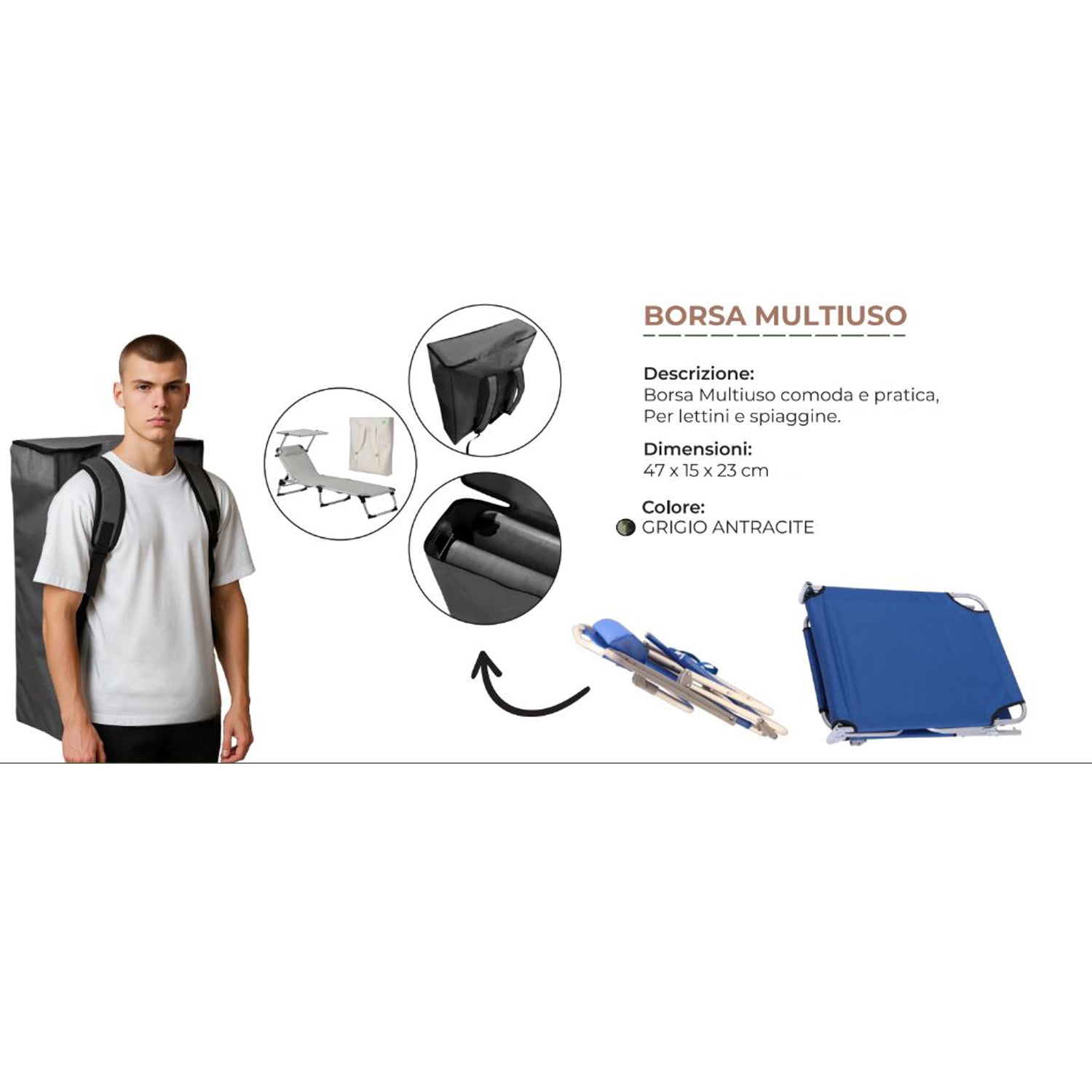 Sacca Zaino BEACH Grigio Antracite – Borsa da Trasporto per Lettini Pieghevoli, Spiaggine e Sdraio – Con Zip e Spall