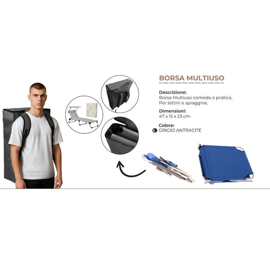 Sacca Zaino BEACH Grigio Antracite – Borsa da Trasporto per Lettini Pieghevoli, Spiaggine e Sdraio – Con Zip e Spall