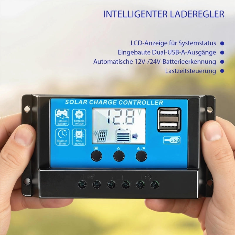 Caricabatterie portatile a pannello solare da esterno da 100 W 18 V con 2 porte USB, display LCD e grado di protezione IP67.