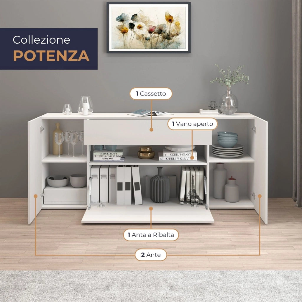 WHOUS Credenza Potenza con 2 ante 1 ribalta e 1 cassetto bianco lucido 180x40x80 cm