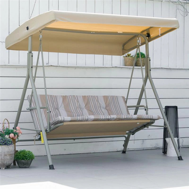 DONDOLO DA GIARDINO 3 POSTI IN ACCIAIO CON TETTO REGOLABILE, CUSCINI E BRACCIOLI, 172X110X156CM