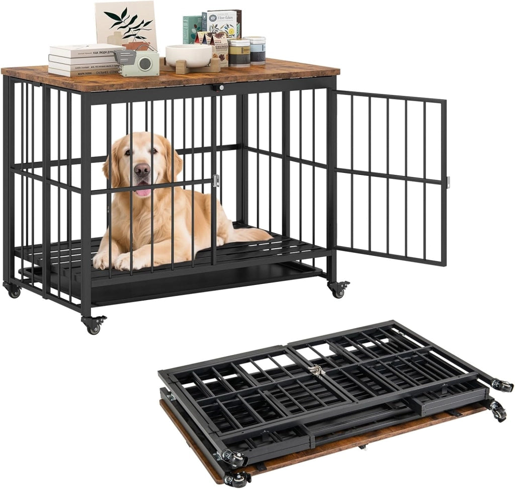 Cuccia Pieghevole per Cani, Casetta Resistente alle Masticazioni con Porta e Ruote Bloccabili per Razze Piccole, Cuccia Decorativo da Interno per Animali Domestici (80 x 61 x 64 cm)