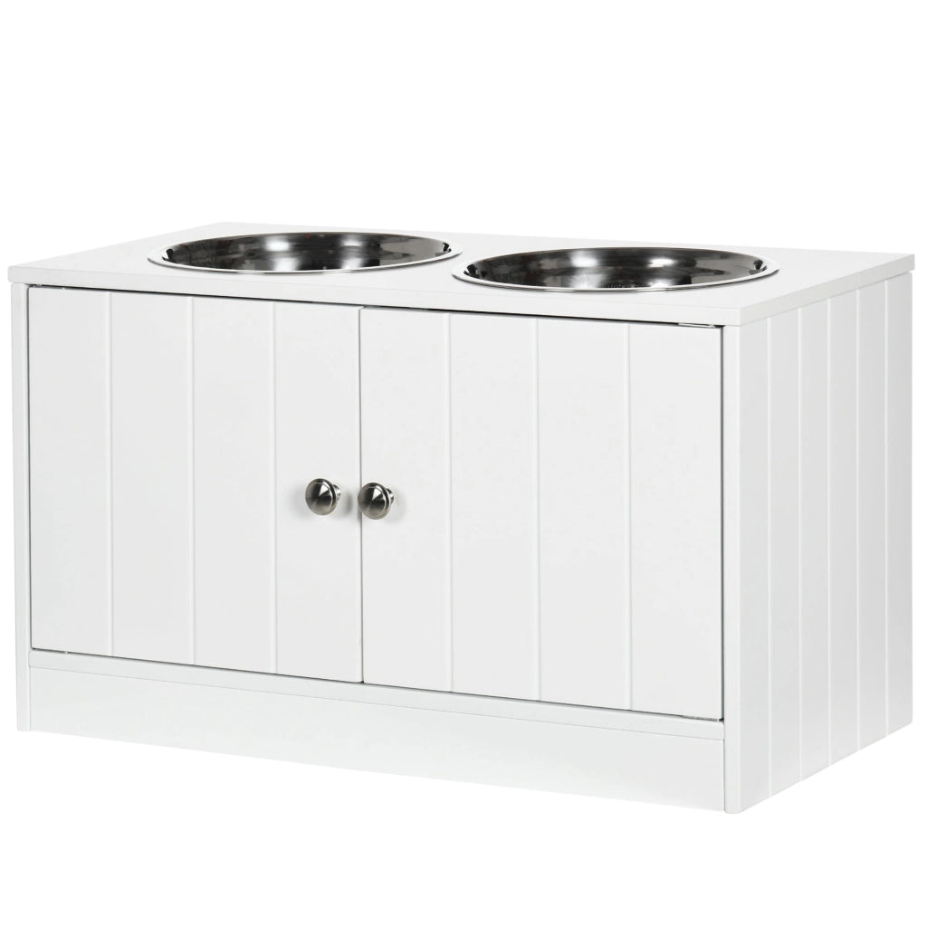 Ciotole per Cani Rialzate con Armadietto da 44L e 2 Ciotole in Acciaio 60x30x35.5cm Bianco