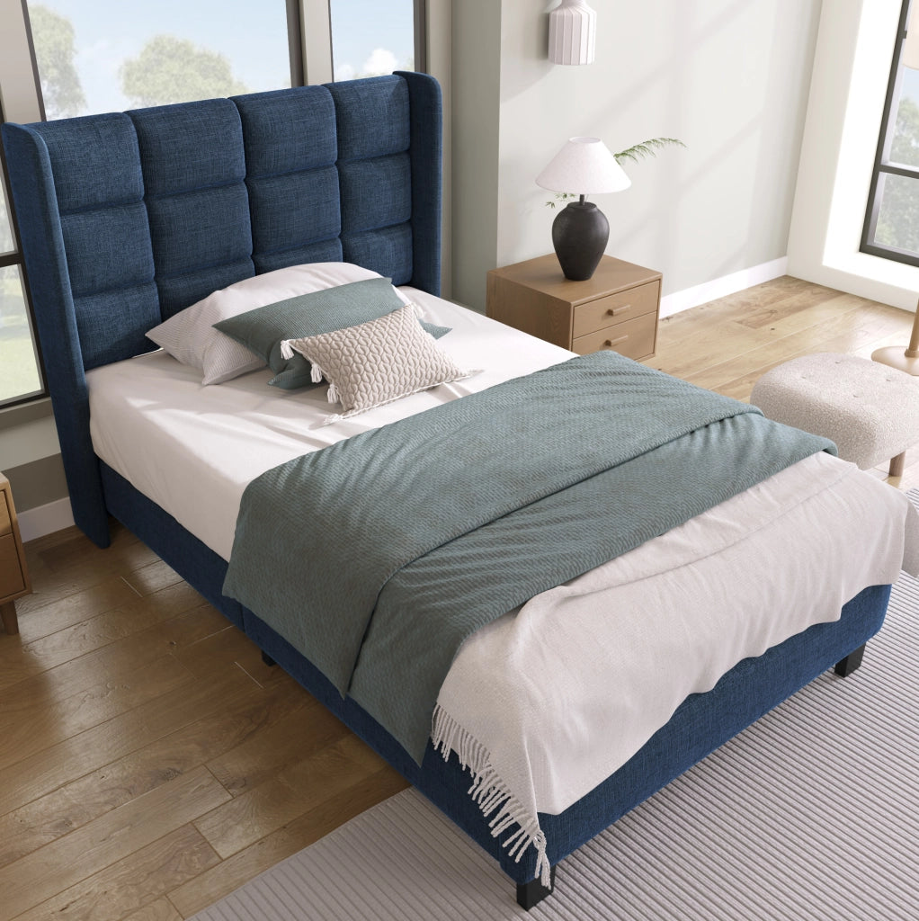 Letto singolo 90x200 cm con testiera imbottita e rete a doghe; lino blu