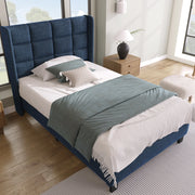 Letto singolo 90x200 cm con testiera imbottita e rete a doghe; lino blu