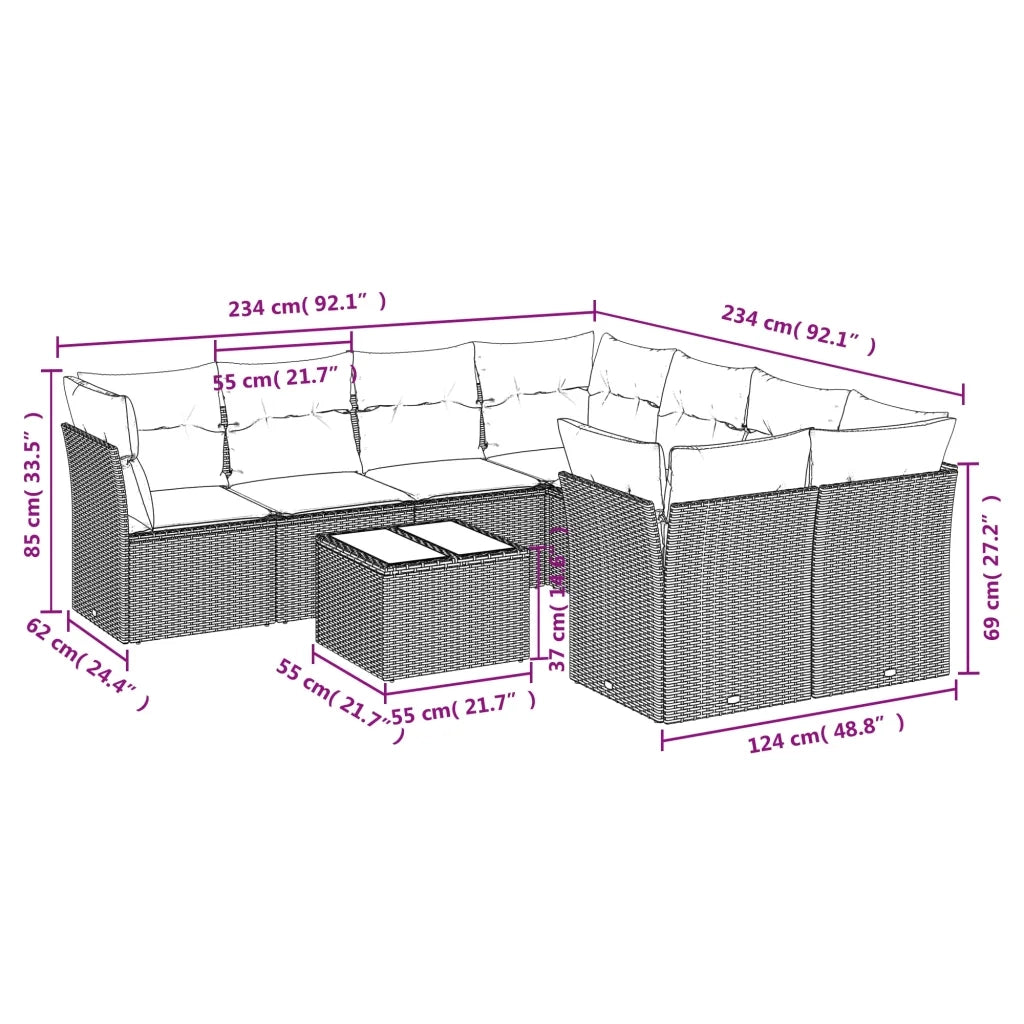 Set Divano da Giardino 9 pz con Cuscini Beige in Polyrattan 3249157