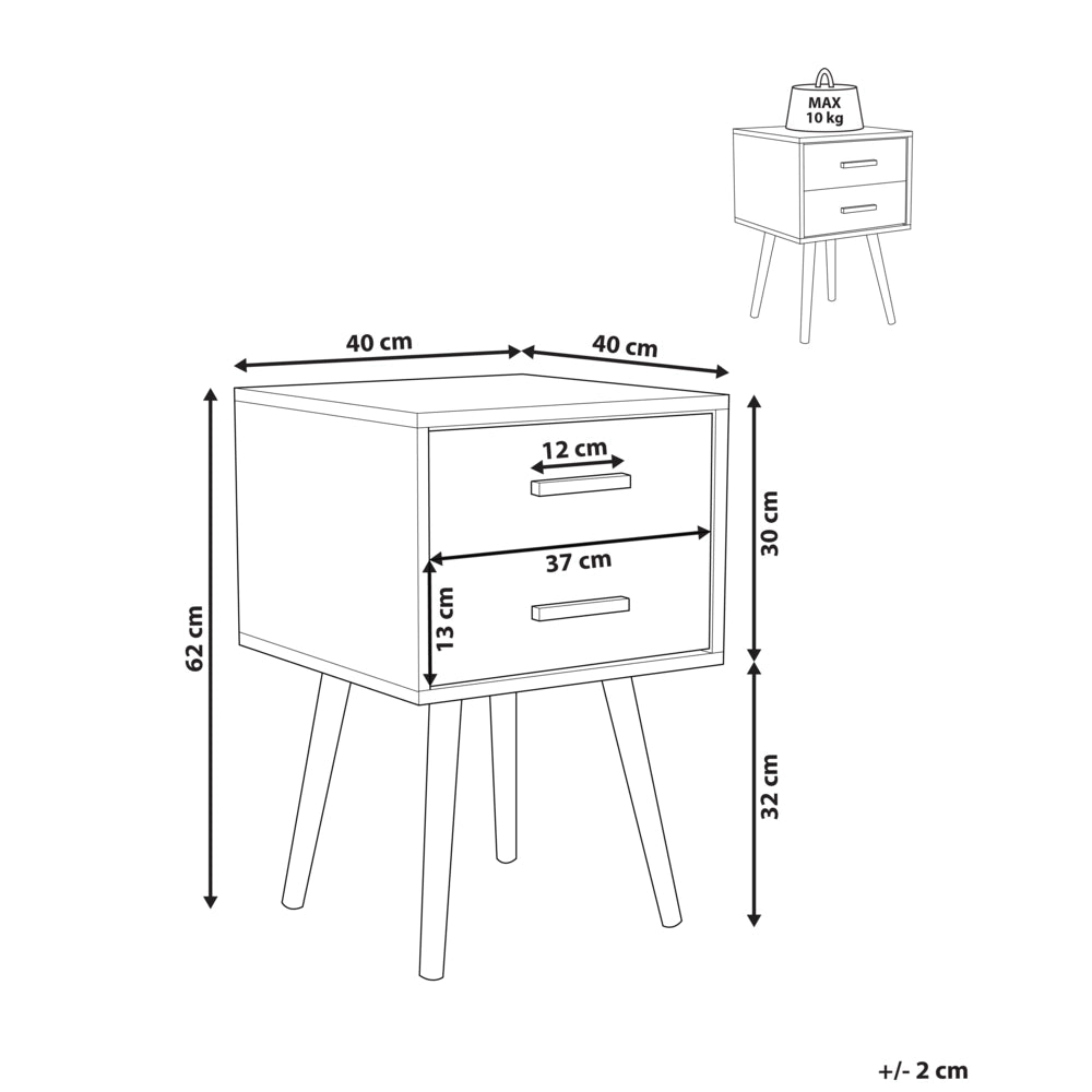 Comodino di colore Bianco 2 Cassetti Gambe in Legno Massello 40 cm stile Scandinavo