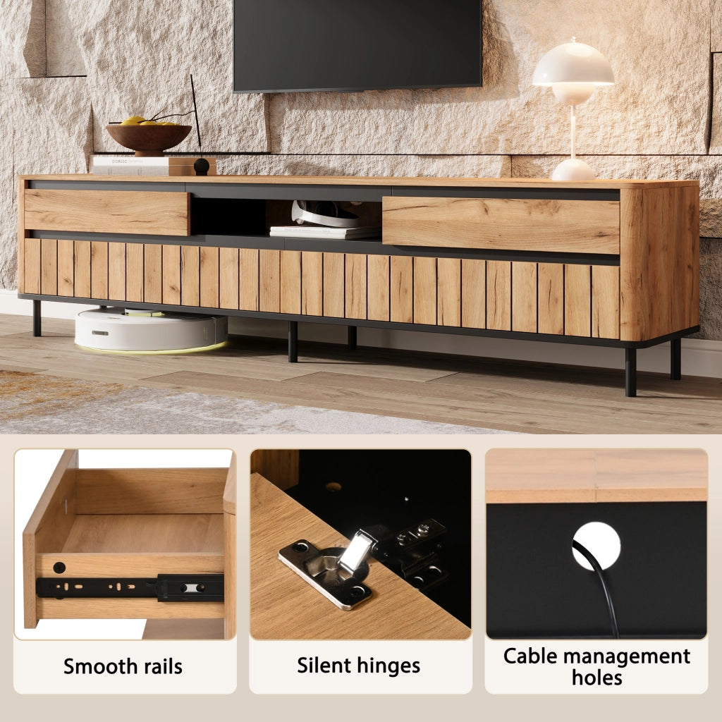 Mobile porta TV con 2 cassetti, 2 ante e passacavi, per soggiorno, in MDF e metallo, nero e naturale, 180 × 40 × 52 cm