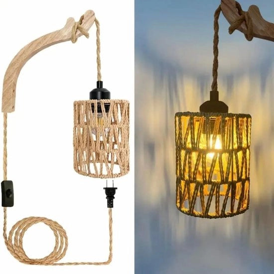 Lampada da parete in legno, Lampada da parete vintage con ombra in rattan intrecciato, E27 illuminazione da parete retro con interruttore e presa, Stile rurale, Adatta per camera da letto, Salotto