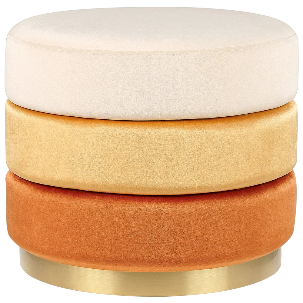 Pouf in tessuto di velluto di colore arancione rotondo con base in oro glamour stile moderno
