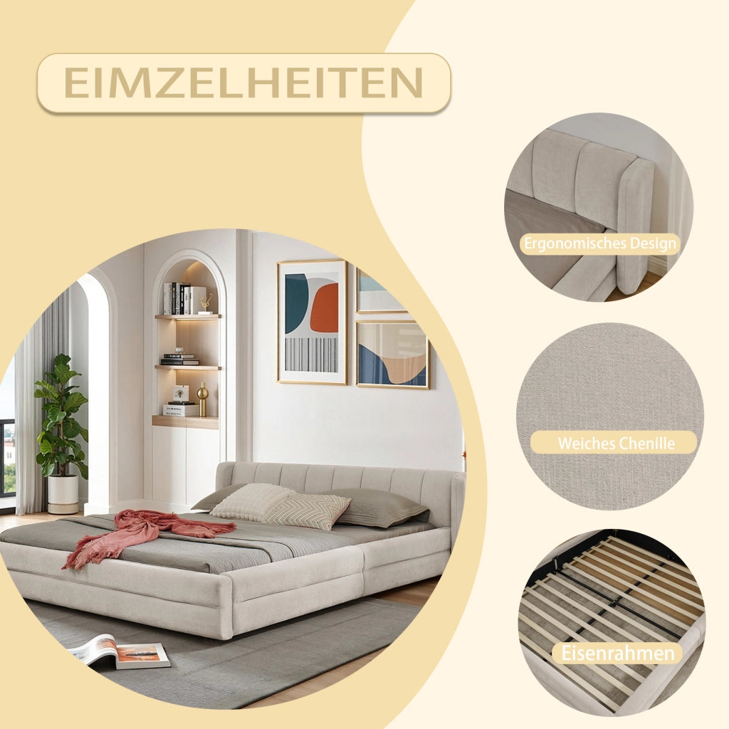 Letto Matrimoniale 140 x 200 cm; in Ciniglia; Schienale Ergonomico; Beige