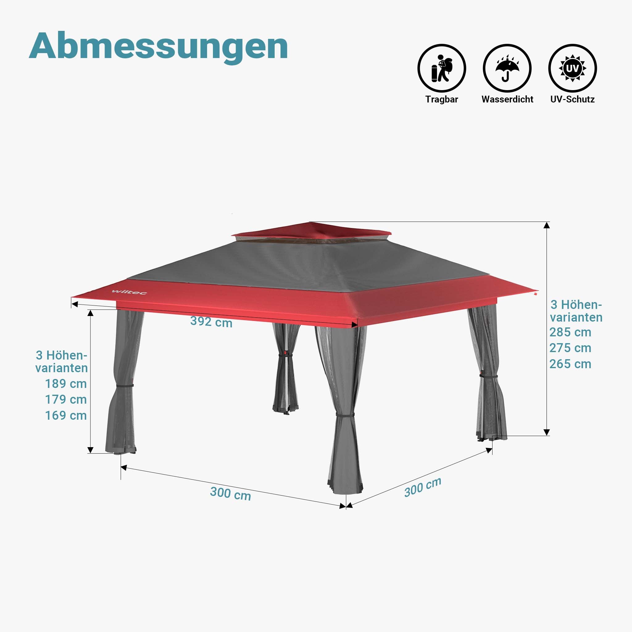Gazebo pieghevole con zanzariera, grigio rosso 3,92 x 3,92 m, impermeabile, UV 50+, Tendone per feste