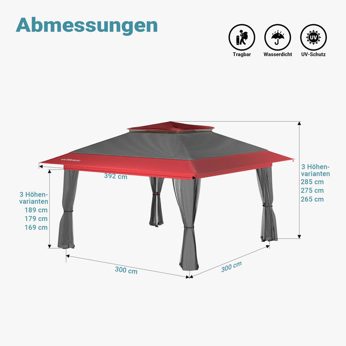 Gazebo pieghevole con zanzariera, grigio rosso 3,92 x 3,92 m, impermeabile, UV 50+, Tendone per feste