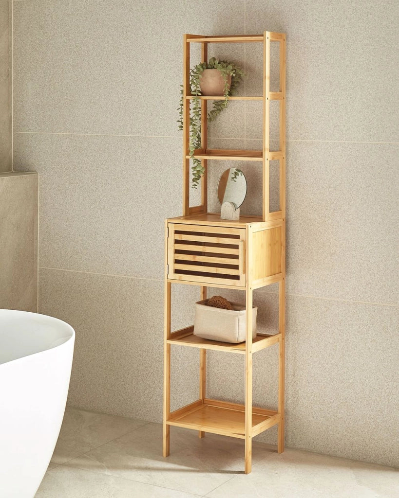 Armadietto da bagno in bambù con 6 ripiani 1 anta marrone chiaro stile moderno