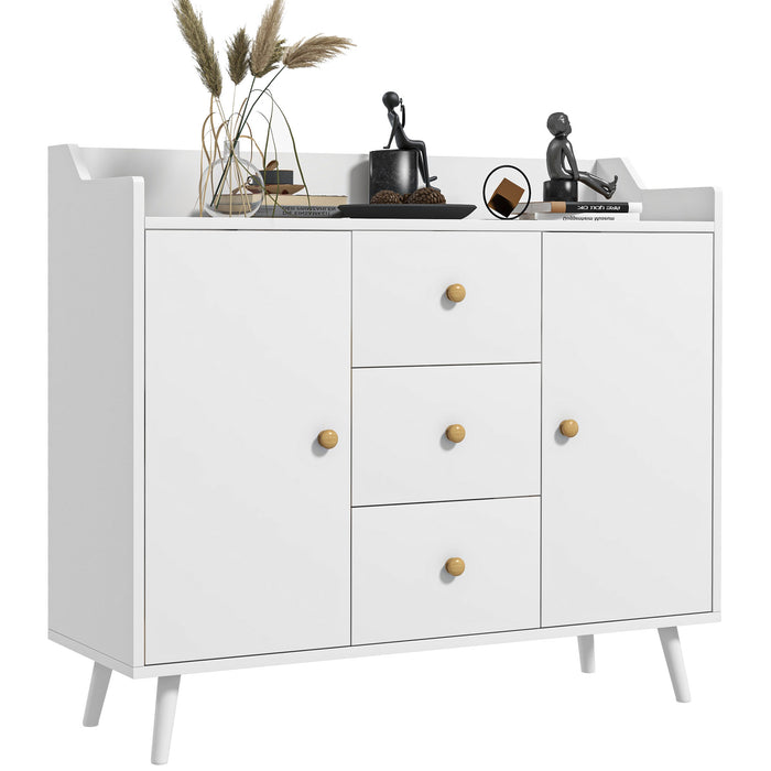 Credenza Moderna Mobile Basso 90x32x80 cm con 3 Cassetti e 2 Armadietti in Truciolato e Legno Bianco