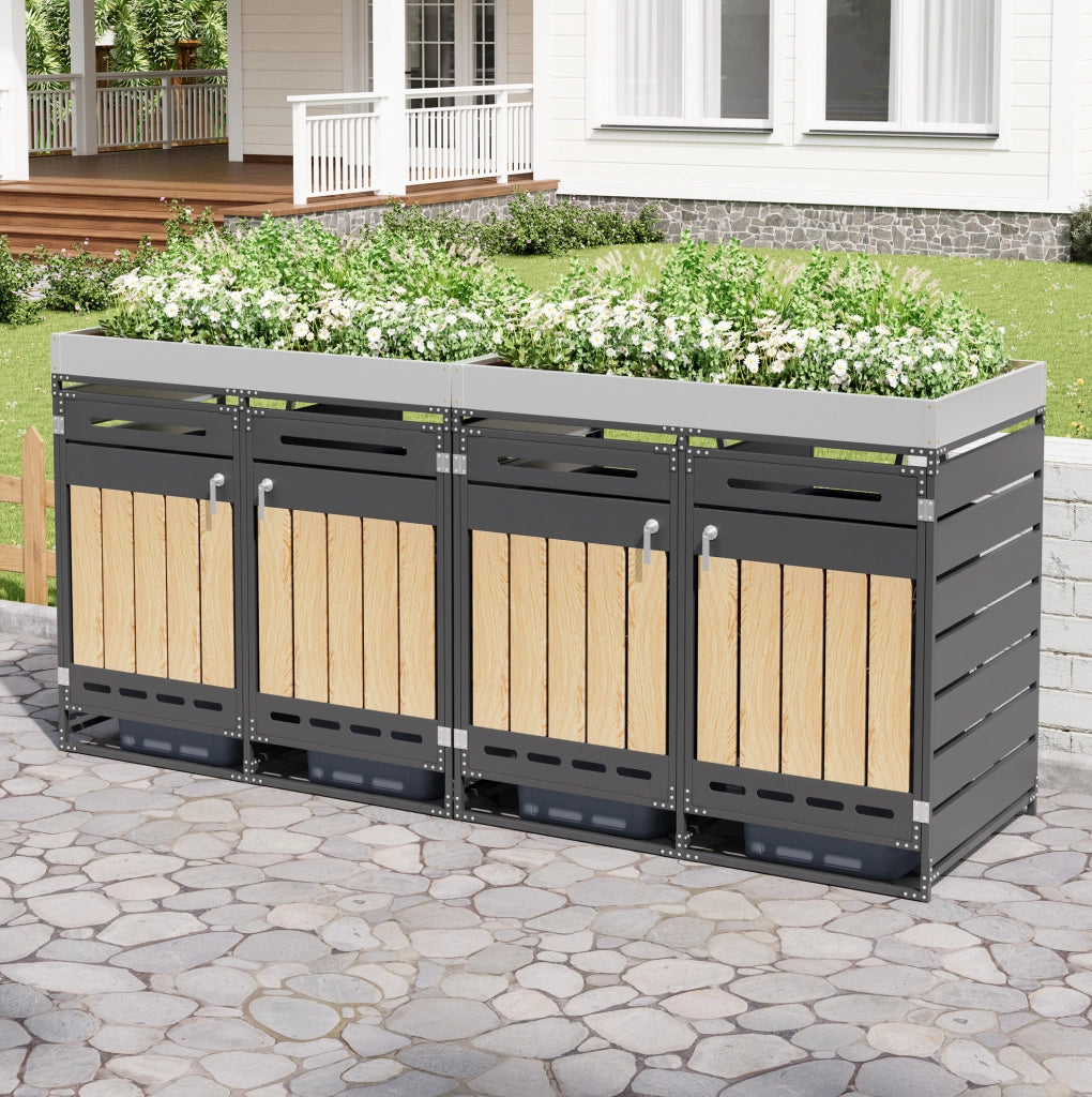Armadio porta bidoni rifiuti a 4 scomparti con fioriera integrata; 262x79x120 cm; nero