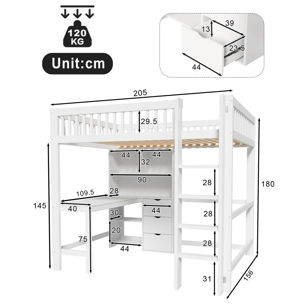 Letto a soppalco bianco per bambini 140x200 cm con scrivania, scala, 3 cassetti e ripiani