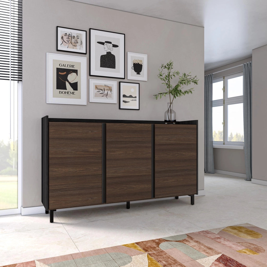 Credenza, Mobile, Cucina, 156x91x35 cm, 3 Porte, Design industriale, Rovere scuro e Nero