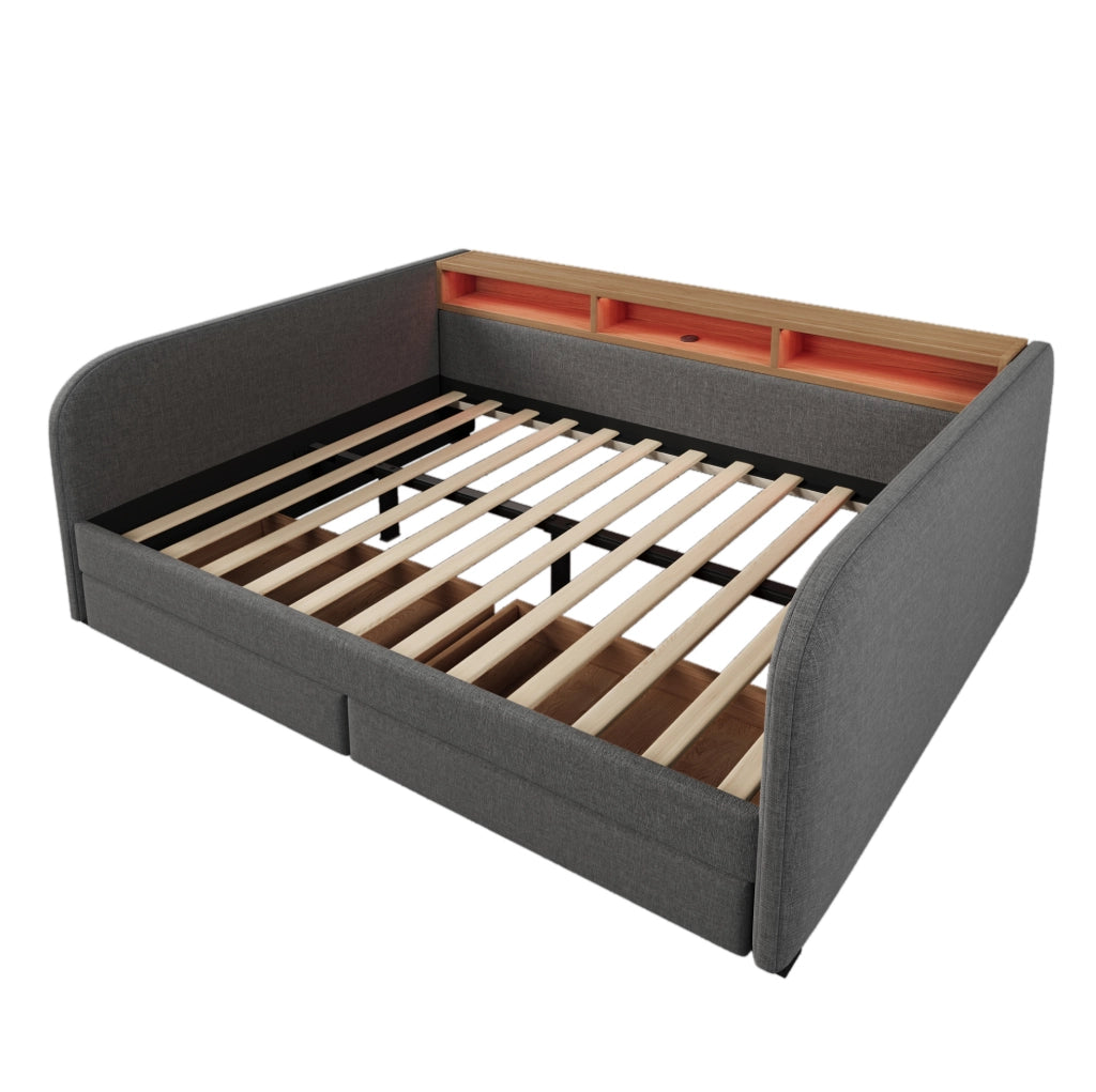 Letto imbottito 140x190 cm grigio in lino, LED USB C con 2 cassetti, senza materasso