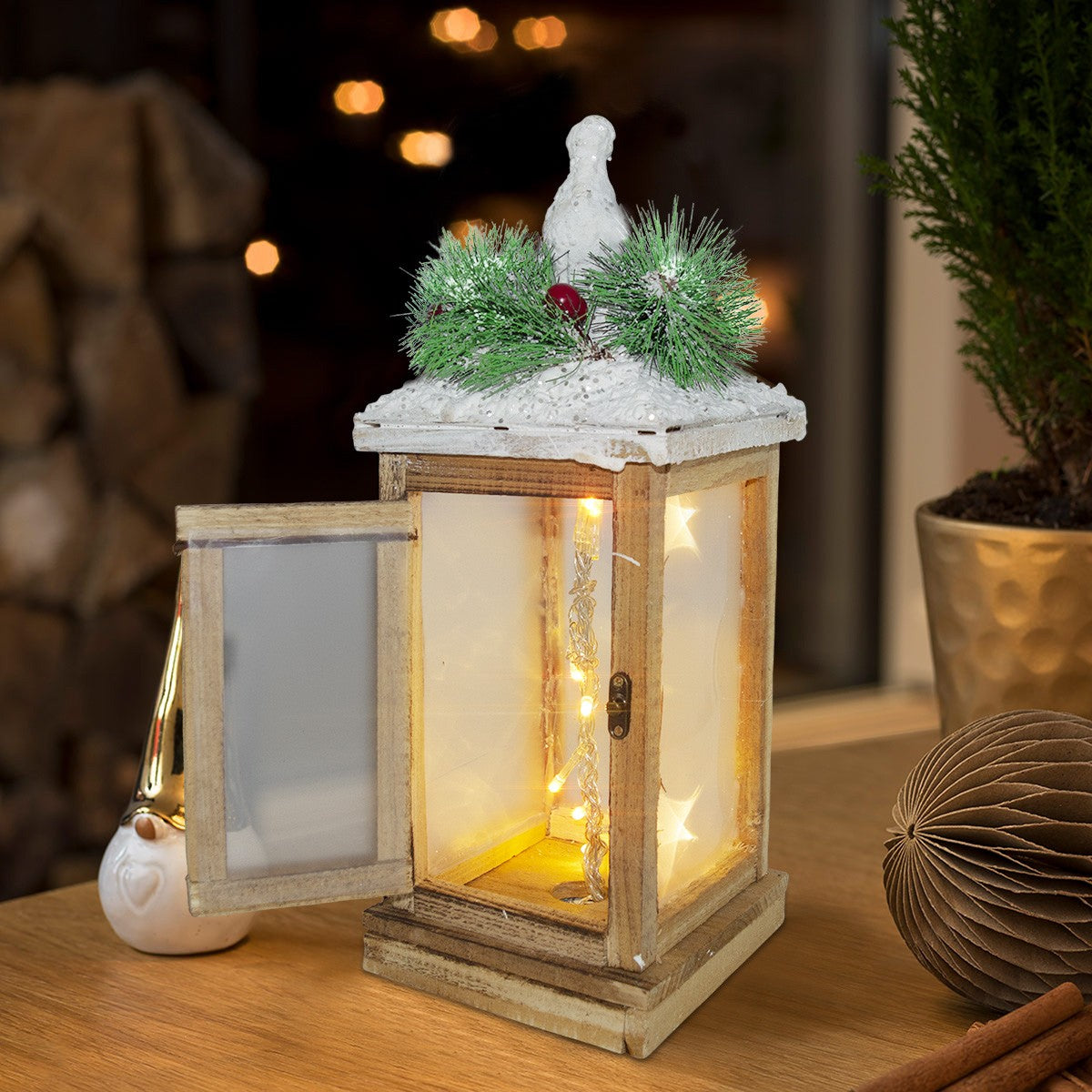 Lanterna di Natale in legno e illuminazione L15xP15xH39 cm