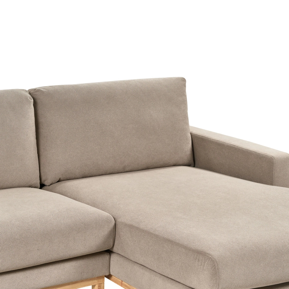 Divano angolare sinistro Tappezzeria in poliestere tortora Gambe in legno Elegante