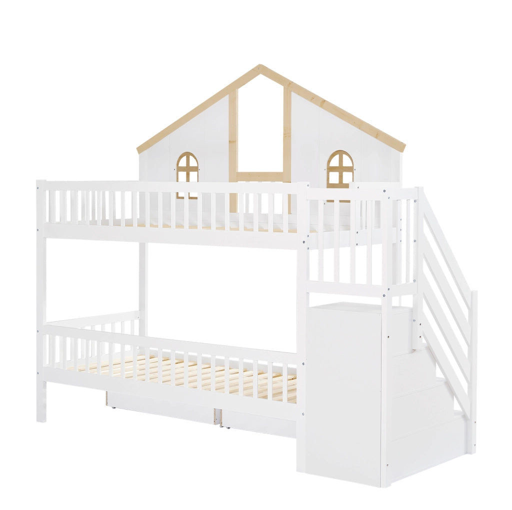 Letto a castello per bambini 90x200 cm con scala contenitore e 2 cassetti