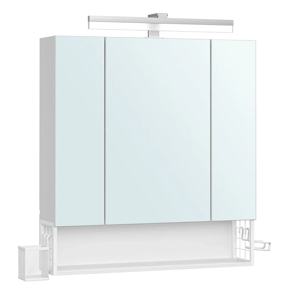 Mobiletto da bagno a 3 ante sospeso con specchio multipresa cestino pensile portaphon e lavabo bianco (12_0006464)